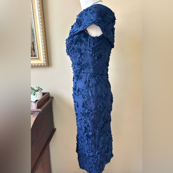 XSCAPE 3D Floral Lace Off-The-Shoulder Dress Navy Blue Faux Wrap Size 10 - Picture 7 of 11
